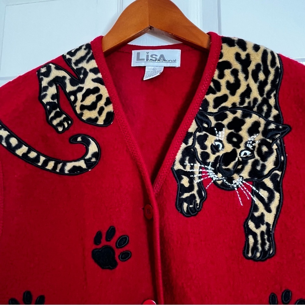 Vintage Lisa International Red Animal Print Boiled Wool Vest Size XL - Picture 3 of 7